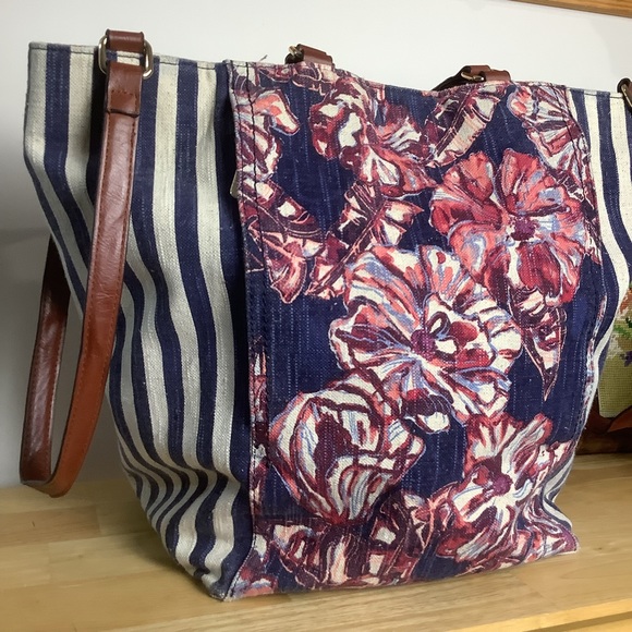 TOMMY Bahama Cotton Linen Tote w Pockets & Leather Handles - Picture 4 of 16